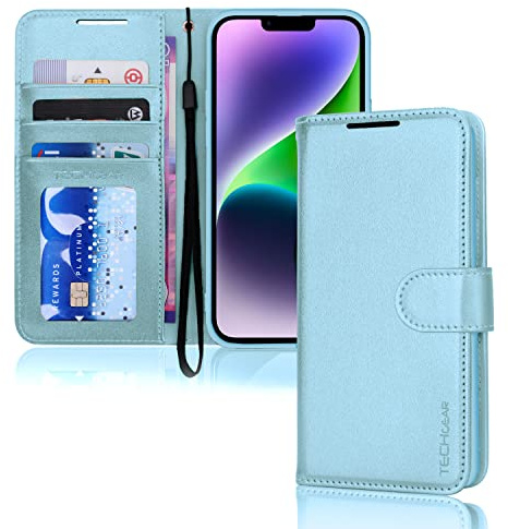 TECHGEAR iPhone 14 Leather Wallet Case, Flip Protective Case Cover with Wallet Card Holder, Stand and Wrist Strap - Light Blue PU Leather with Magnetic Closure for iPhone 14 6.1