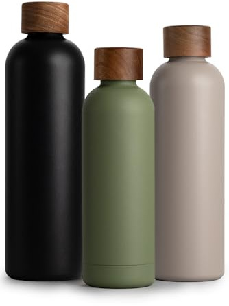 T&N rostfri dricksflaska i stål 1L, 750ml, 500ml, termosflaska med akaciaträlock, flaska 1 liter, isolerad vattenflaska läckagesäker kolsyra lämplig, isoleringsflaska 1000ml