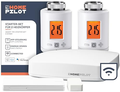 HOMEPILOT Heizung Smart-Home Starter-Set - 2X Heizkörper-Thermostat, 1x Fensterkontakt + Gateway Premium, Zentrale inkl. App & Sprachsteuerung (Google & Alexa kompatibel)