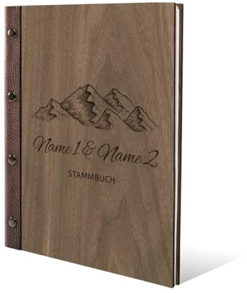 Personalisiertes Stammbuch Hochzeit aus echtem Holz mit Leder Rücken A5 oder A4 inkl. vorgedruckten Seiten - Berge