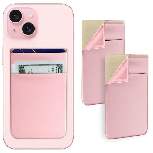 imluckies [2 Pack Tarjetero Adhesivo para Móvil, Billetera Doble Bolsillo Elástico, Cartera Crédito para Pegar en Parte Trasera para Teléfono para iPhone/Samsung/Todos los Smartphones, Rosa
