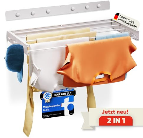 teolix Wäscheständer Wandmontage [2in1 mit extra Kleiderhaken] Ausziehbar und Platzsparend | Wäschetrockner Klein für Wand | Clothes Drying Rack Zeitlos Praktisch - (Weiß, 100cm)