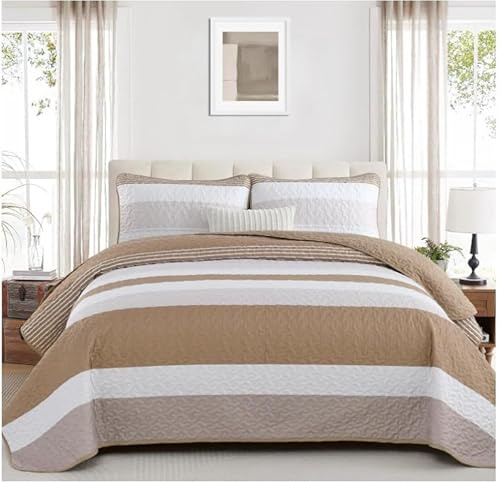 WONGS BEDDING Couvre-lit 220x240 Khaki Dessus-de-lit Rayures Couverture Courtepointe 3 pièces Lit double Matelassé Couette Microfibre Plaid avec 2 Taies d'oreiller 50x75 pour Chambre à coucher Jeté de