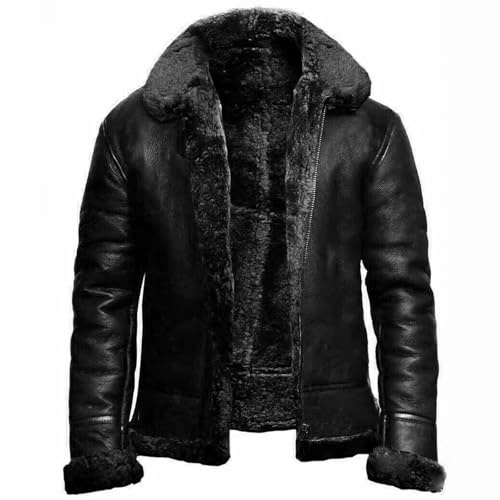 FGRID Chaqueta Piel de Oveja para Hombre con Cuello de Piel, Abrigo de Piel sintética PU Forro Polar y Solapa Vintage, Abrigo Corto de Cuero cálido con Cremallera Motociclista,Negro,XL