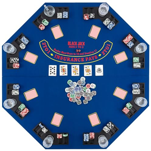 COSTWAY 1.2M/48 Inches Poker Table Top, 8 Player Foldable Texas Holdem Poker Mat with Carrying Bag, Cup Holders, Chip Trays, Portable Blackjack Tables Topper for Card Casino Game (Blue)