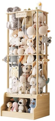 EXPERLAM Stuffed Animal Storage, Wood Stuffed Animal Zoo with Toy Chest, Vertical Stuffed Animal Holder with Thicker Elastic Band, Plushies Storage for Playroom, Living Room, Nurseryroom, Bedroom