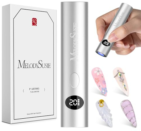 MelodySusie Handheld Flash Cure Nail Lamp P-ART01G Cordless Mini Nail Light | Optical Lens Enhance Spot Cure Builder Glue & Gel-X Tips, 20s/60s Timer, LCD Display, 450mAh Battery