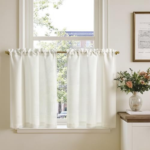TOPICK Skivgardin bistrogardin set om 2, 65 x 75 B cm vit linneutseende fönstergardin gardin modern gasväv halsdukar fönstergardiner ljusgenomsläpplig fönstergardin kök vardagsrum lantlig stil