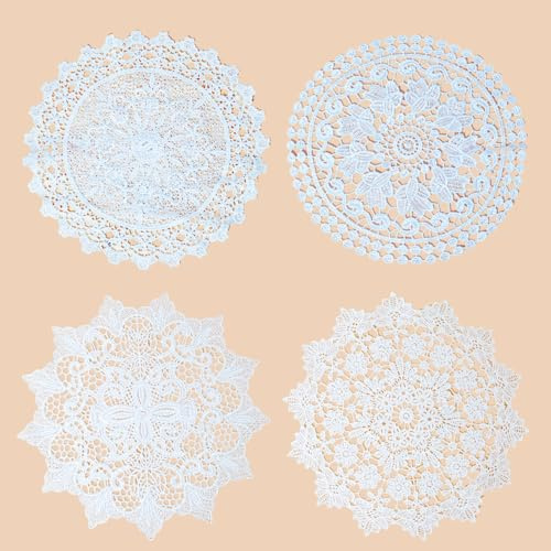 Homelytic Vintage White Cotton Lace Doilies, 15 cm Round Crochet Paper Doyleys, 4 Pack for Kitchen, Dining, Wedding Decoration