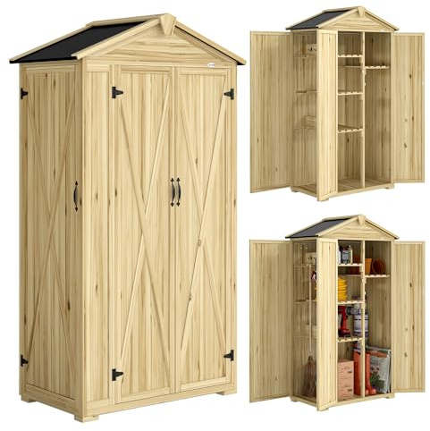 Outsunny Caseta de Jardín de Madera 93x53x168 cm, Cobertizo Jardín Exterior, Armario Exterior para Herramientas con Puertas Bloqueables, 4 Estantes, Techo Asfáltico Inclinado y Ganchos, Madera Natural