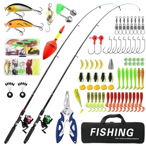 Kids Fishing Pole Set of 2 – Telescopic Fishing Rod and Reel Combo with Fishing Kit Accessories, Lures, Line & Carry Bag, Complete Fishing Set Up for Beginners Saltwater Freshwater (1.8M/5.91FT)