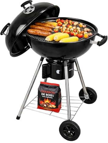 Intec – Barbacoa de carbón de leña con trípode Ø57 cm, rejilla para cocción y tapa, termostato para cenizas, barbacoa, redonda, 2 ruedas, cocina exterior, jardín, terraza