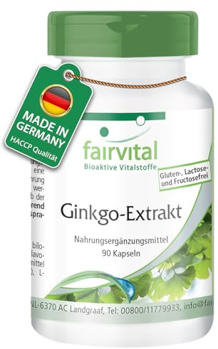 fairvital Ginkgo-extraktkapslar 95mg, VEGANSK, 90 kapslar, lättsvälta, standardiserade till minst 24% flavoner och 6% laktoner