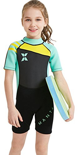 Akaeys Niñas Niños 2,5 mm de grosor PREMIUM – Bañador de neopreno corto o largo cremallera trasera una pieza térmica UV Protección jóvenes nadar traje, Short Arm: Grey-green