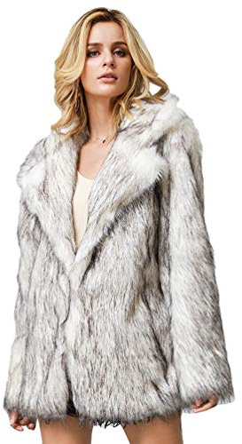 Runyue Abrigo de piel sintética para mujer mullido de moda chaqueta gruesa de invierno cálido abrigo exterior cóctel club fiesta, Negro Blanco, S