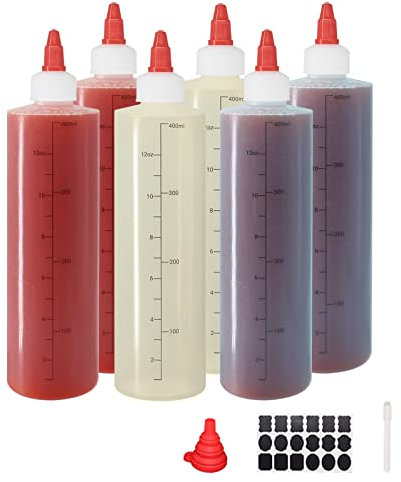 Belinlen 6 Pack Plastic Squeeze Sauce Bottle, 12oz(400ml) Squeezy Bottles with Nozzles, Condiment Bottles for Soy, Sauce, Ketchup, Paint, Oil, Icing Dispenser (Graduated)