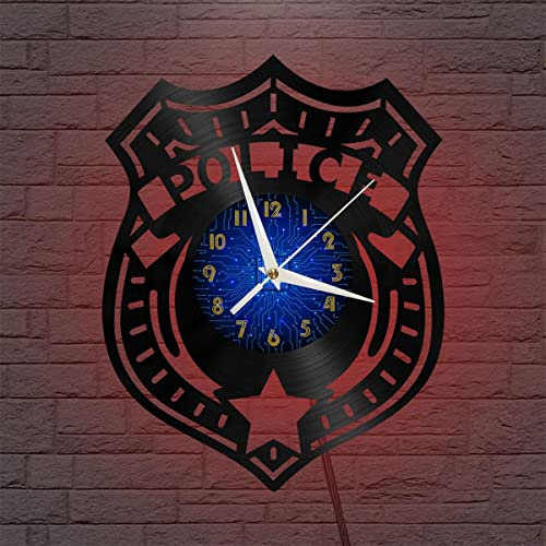 YHDE Orologio da parete in vinile con cartello della stazione di polizia, orologio da parete in vinile silenzioso e senza ticchettio (B、Con luce a LED