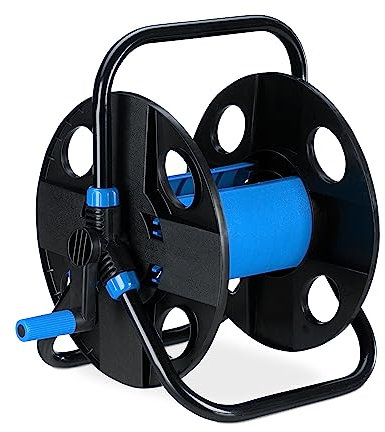 Relaxdays Schlauchtrommel, für 30 m 1/2 Schlauch, Stahl, Kunststoff, Schlauchhalter, HBT: 38 x 42 x 31 cm, schwarz-blau