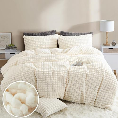 Tospass Plüsch Bettwäsche 135x200 cm 4 Teilig Winter Kaninchenfell Samt Bettwäsche Fleece Biber Beige Flauschig Warme Bettwäsche Cashmere Touch Wende Bettbezug mit Reißverschluss 2 Kissenbezug 80x80cm