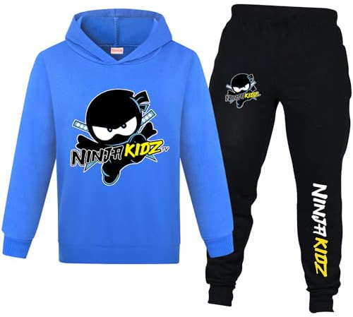 Banxidi Ninja Kidz - Tuta con cappuccio per bambini, a maniche lunghe, set da 2 pezzi, abbigliamento sportivo, 2-13 anni, Blu, 8-9 Years