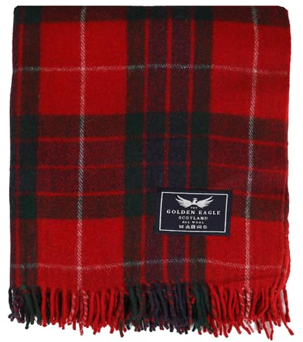 The Golden Eagle Scottish Tweed Wool Large Blanket Tartan Rug with Check Pattern for Warm Winter (Fraser Red)