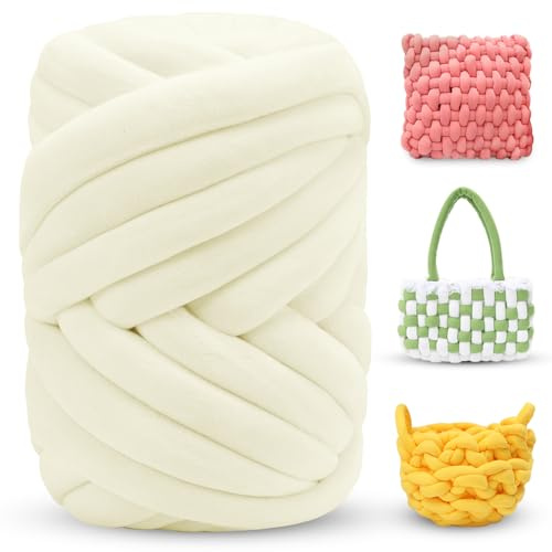 LEREATI Thick Chunky Yarn for Arm Knitting Jumbo Tube Soft Chunky Knit Blanket Velvet Yarn for Crocheting Handbags Hand Knitting Pet Bed Rugs Pillows Crafts (500g, Milky White)