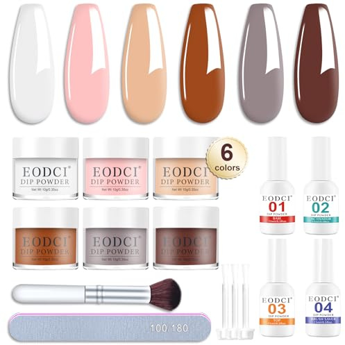 Eodci 12pcs Dipping Powder Nails Set, 6 Colores Nude Marrón Gris Moca Polvo de Buceo Set con Base y Capa Superior/Activador / Protector de Pinceles