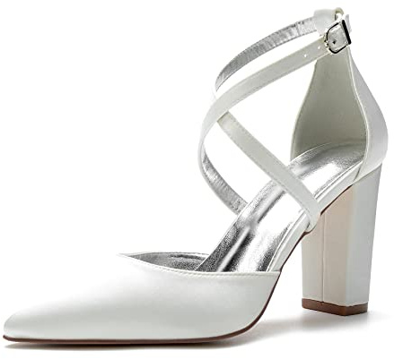 Mujer Sandalias De Vestir De Boda con Tacón Ancho Correa Cruzada Punta Puntiaguda Satén Zapatos De Novia De Noche De Fiesta,Marfil,40 EU