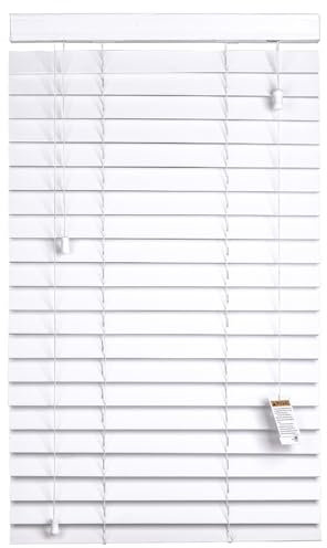 REHAN & CO Faux wood window Venetian Blinds 50mm Slats with String/Tape Blinds Aluminium Headrail Trimmable Child Safe Home Office Window Blind (White String, 60Wcm x 150Hcm)