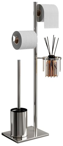 Porta carta igienica Set in acciaio inox cromo, autoportante, completo di scopino WC e cestino porta oggetti, perfetto per organizzare il bagno con eleganza e praticità