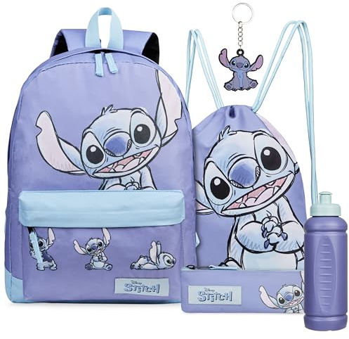 Disney Stitch Backpack School Supplies Set 5 Pieces with Rucksack Swimming Bag Pencil Case Water Bottle and Keyring Back to School Stitch Gifts