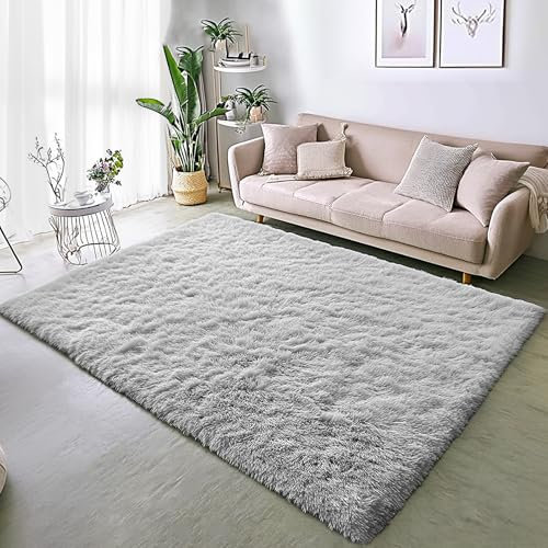 BSGIFT Flauschiger Hochflor Teppich 140x200 - Grauer Teppich rutschfest für Wohnzimmer Schlafzimmer Kinderzimmer - Modern Wohnzimmerteppich Bettvorleger, Shaggy Langflor Fellteppich Grau