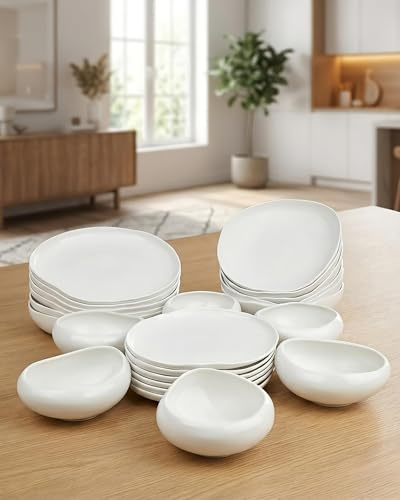 BAVARY Capital Vajilla de Porcelana 24 Piezas para 6 Personas – Vajilla Blanca de Estilo Escandinavo – Set de Platos y Cuencos para Cena, Brunch y Mesa Festiva – Apta para Lavavajillas y Microondas