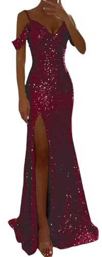 Générique Robe de soirée à paillettes sexy pour femme - Épaules dénudées - Taille haute - Fente latérale - Robe longue - Robe maxi élégante - Col en V - Robe de cocktail - Robe de bal - Robe festive