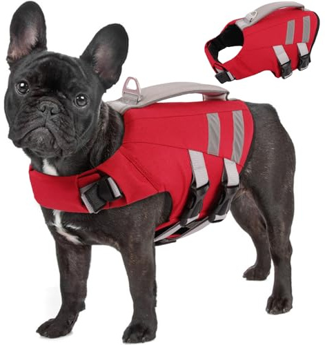 Lelepet Giubbotto di salvataggio per cani di piccola taglia, regolabile, con maniglia di salvataggio e strisce riflettenti, gilet di galleggiamento per cani ad alta galleggiabilità, cappotto per