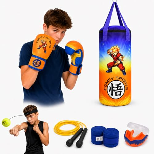 Comfy Kids - Sacco da boxe con guantoni da boxe, set per allenamento MMA, Muay Thai e karate, da appendere per ragazzi e ragazze (giallo/blu, con guanti misura 170 g)