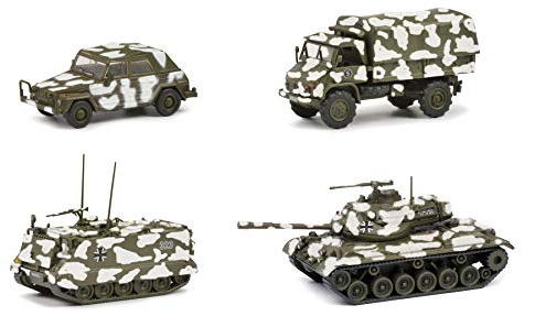 Schuco 452653000 Set Wintertarnung, M113, M47, Unimog S404, WV Kübel, Modellauto, Maßstab 1:87