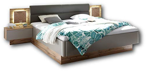 Stella Trading Stilvolle Doppelbett Bettanlage mit LED-Beleuchtung 180 x 200 cm - Schlafzimmer Komplett-Set in Wildeiche-Optik, Basaltgrau - 305 x 96 x 205 cm (B/H/T)