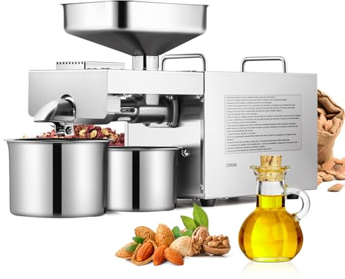 CGOLDENWALL 1500W Commercial Automatic Oil Press Machine Industrial Oil pressing machine Nuts Seeds Oil Presser Pressing Machine Cold Hot Press All Stainless Steel High Oil Extractor CE (Silver, 110V)