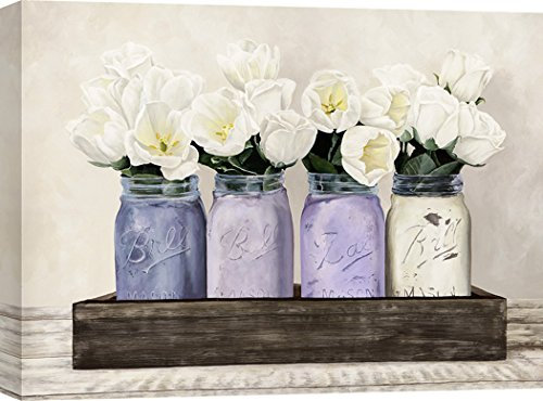 ART PRINT CAFE' – Cuadro, Flores – Impresion sobre Lienzo – Jenny Thomlinson, Tulipanes en tarros de masón – 100x70 cm
