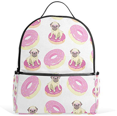 Pink Donuts Sac à dos humoristique Carlin étanche Sac à dos à bandoulière Sac à dos pour chien chiot Sac de sport de plein air pour enfants femmes hommes filles garçons