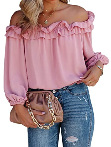 evnanic Women's Fashion Off The Shoulder Tops Long Sleeve Shirts Solid Basic Ruffle Fall Chiffon Blouses Pink S
