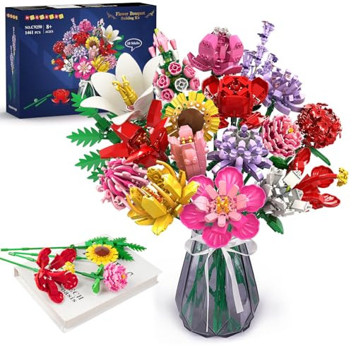 HOGOKIDS Flower Bouquet Set for Mother's Day - 1464PCS Artificial Flowers Botanical Collection | 18 Sticks Ideas Bouquet Gift for Her and Him Decorative Home for Adults Teens Girls Ages 8+