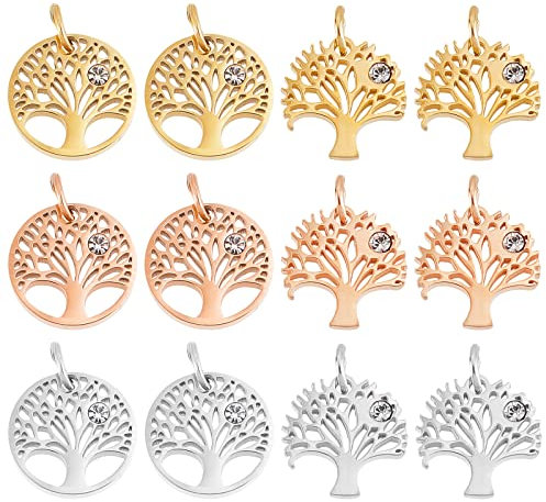 DICOSMETIC 3 Farben Edelstahl Anhänger Zum Selbermachen Antiker Goldener Baum des Lebens Anhänger 3mm Flach Rund Mit Baum Anhängern Für Die Schmuckherstellung Basteln Zubehör