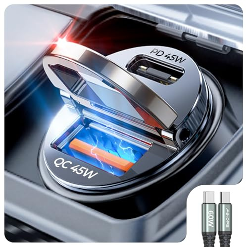 AINOPE 90W for Phone 17/16/15 Pro Max Car Charger USB C Fast Chage, [Mini&Metal] Invisible Cigarette Lighter Adapter with 3FT USB C to C Cable for iPhone 17/17 Pro/17e/16/15 Pro Max/Plus/16e, iPad