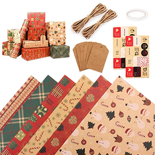 Presentpapper julset, 6 rullar kraft återvunnet julpapper presentförpackning