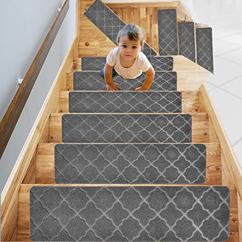 Weigudoc 15 Piezas Alfombrillas Antideslizantes de Escalera para Peldaños, Autoadhesiva Alfombra para Escaleras 76x20 cm, Peldaños de Escalera para Niños Ancianos y Mascotas, Gris (Estilo 1)