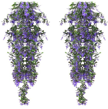 MytaYt 2 Pcs Künstliche Pflanzen Hängend Kunstblumen Deko Fake Efeu Künstlich Plastikblumen Hängepflanzen Künstliche Blumen Wie Echt Vines für Hausgarten Balkon Decor, Blau Lila, 70cm