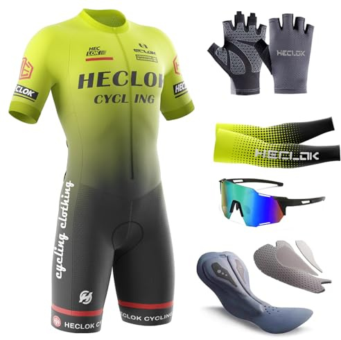 HECLOK Men's Cycling Skinsuit，One Piece Trisuit Bike Jumpsuit,Competition-Grade Handmade high-Density Sponge Padded，MTB Triathlon，Quick Dry Triathlon Suit，Short Sleeve One Piece Bodysuit (TYP-4,M)