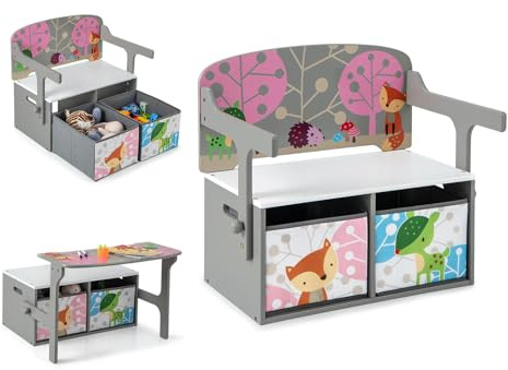 DREAMADE 3 en 1 Coffre à Jouets Enfant 60x42x57CM avec Dossier,Table et Chaise Enfant Convertible avec 2 Boîte en Tissu Amovibles,Banc de Rangement Enfants en Bois Charge 60KG(Gris)